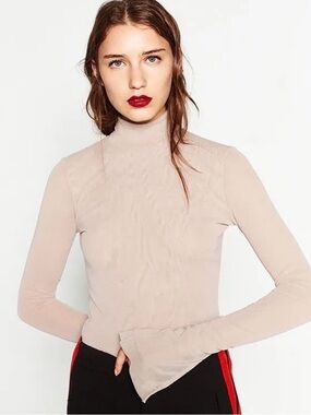 Women’s Long-Sleeve Mock Neck Top. Sheer.
